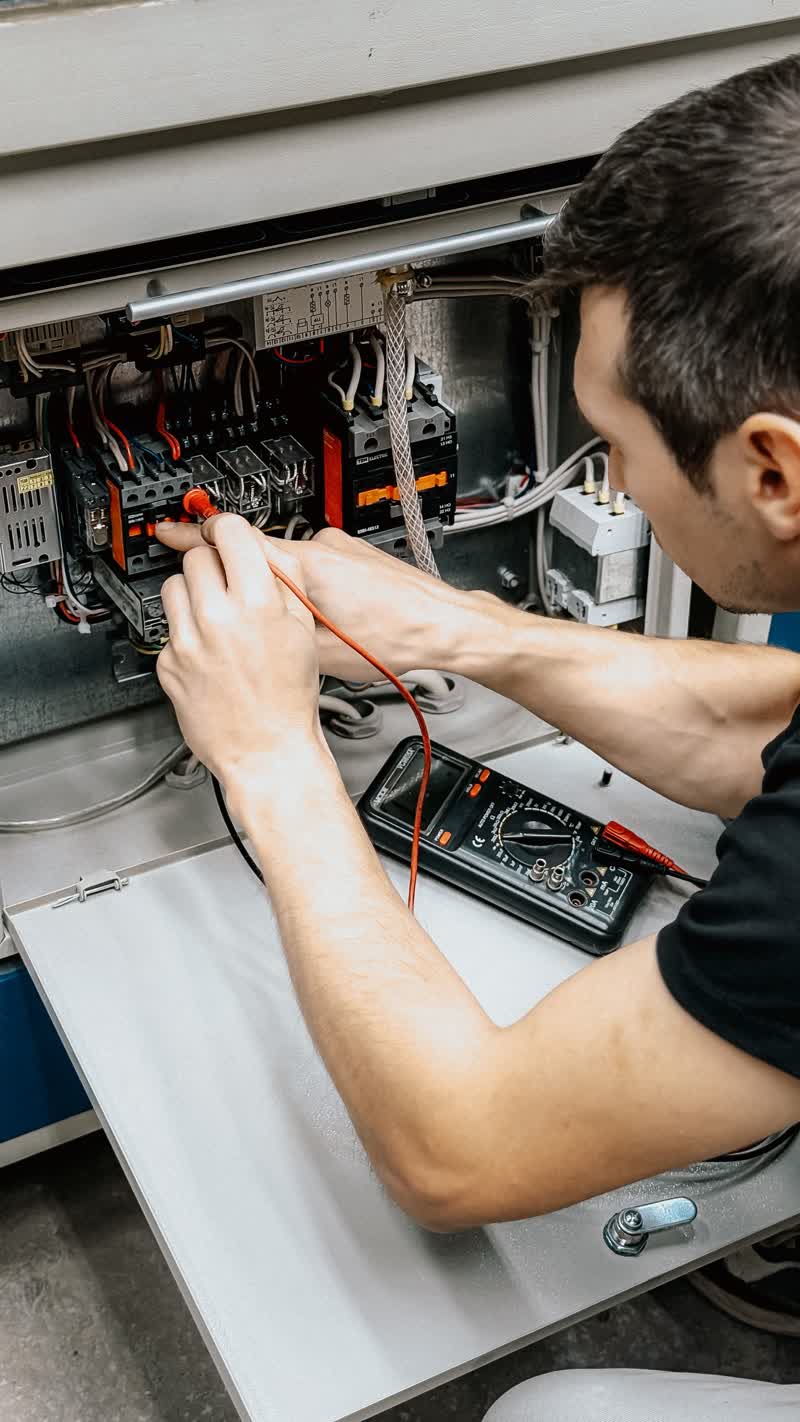 An electrician testing a control panel with a meter